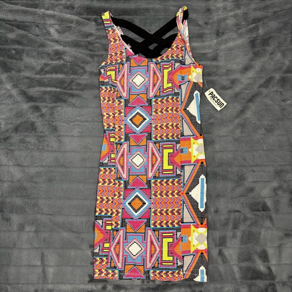 Nollie PacSun Acid Tribal Geometric Print Strappy Back Mini Dress Small NEW